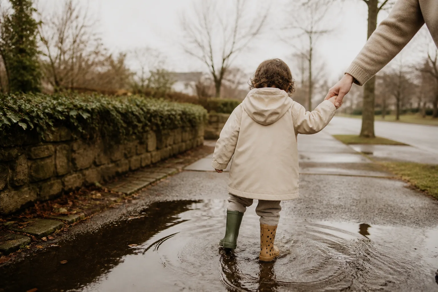 A young child in mismatched rain boots walks through a puddle while holding a parent's hand, photographed from behind